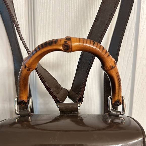 Vintage Gucci Brown Backpack Bamboo Handle Nylon Leather Adjustable Straps
